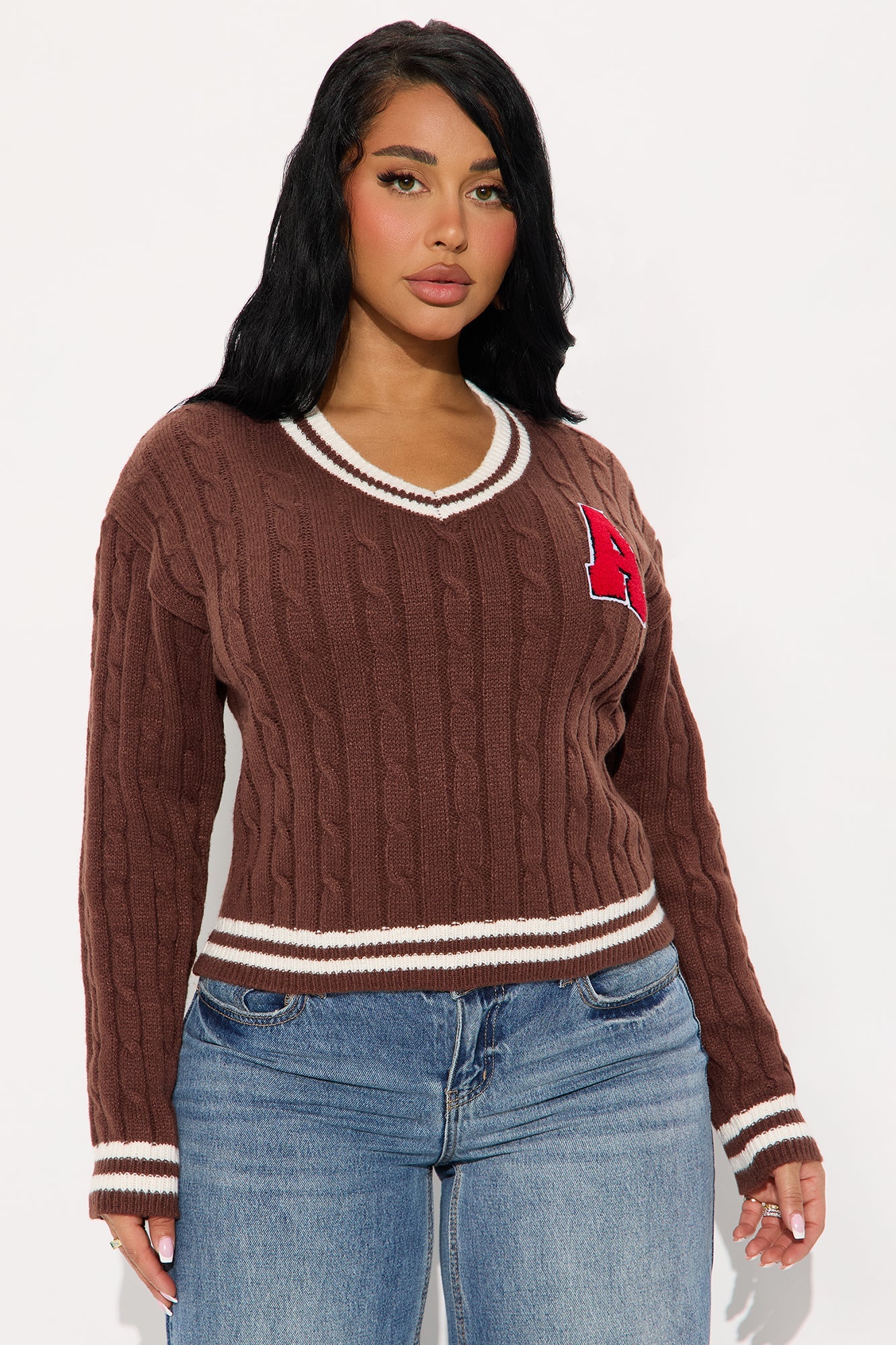Varsity Edition Cable Knit Sweater - Brown/combo