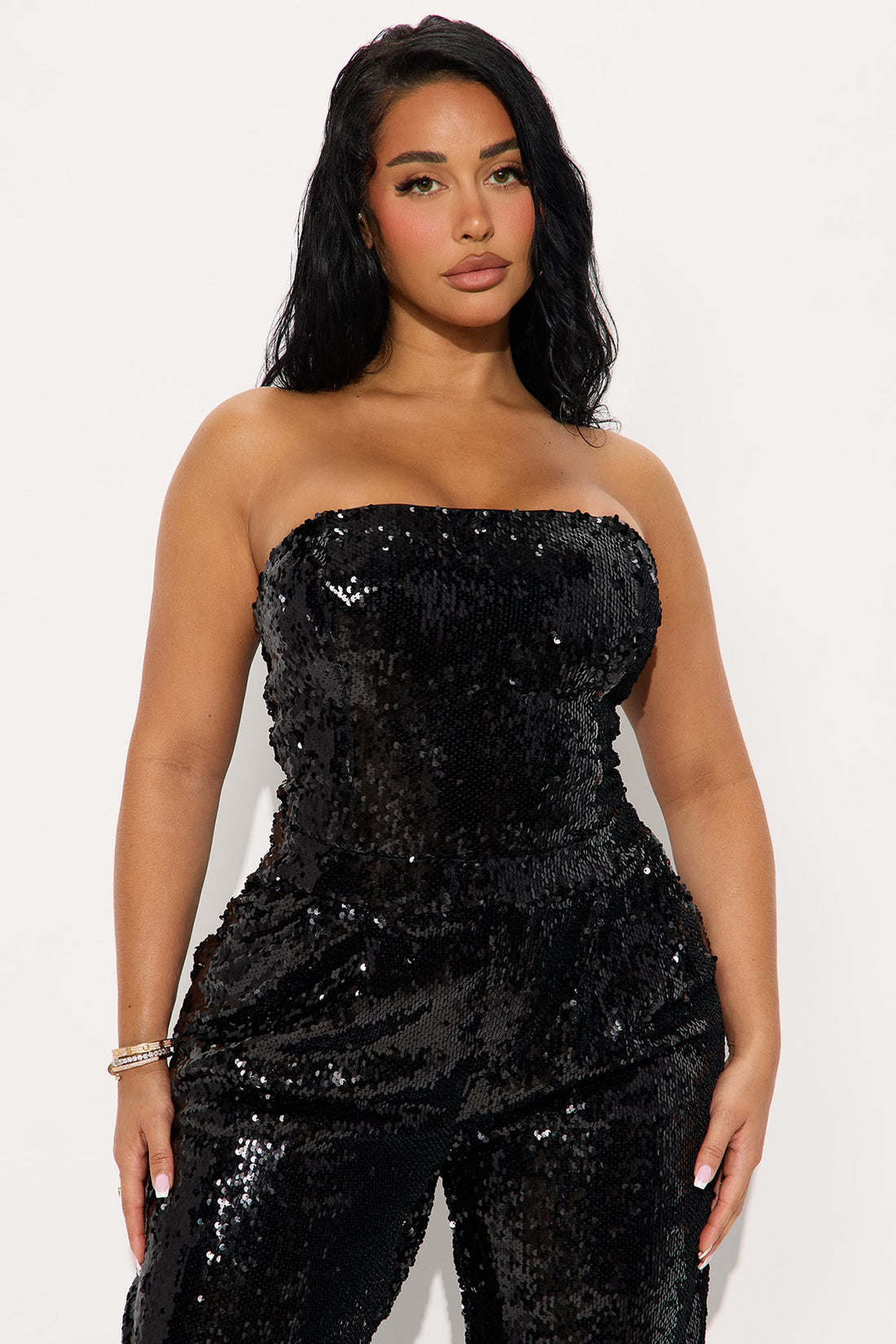 Lulu Sequin Strapless Wide Leg Jumpsuit - Black