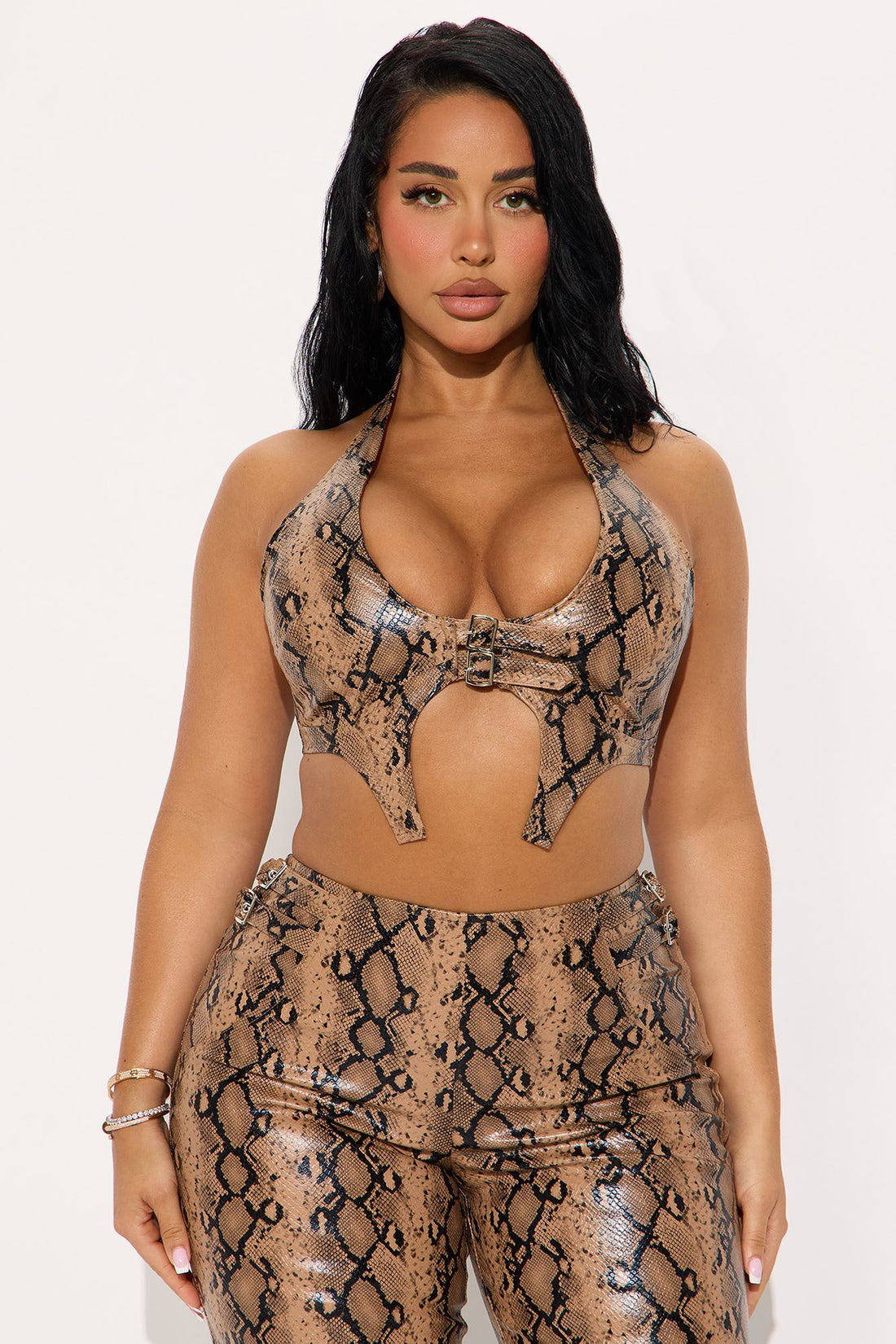 Victoria Faux Leather Snake Pant Set - Mocha/combo