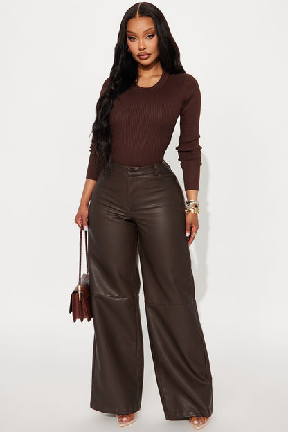 Double Down Faux Leather Wide Leg Pant 33″ - Brown