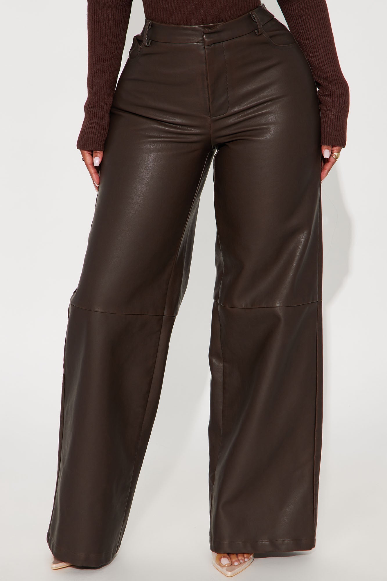 Double Down Faux Leather Wide Leg Pant 33″ - Brown