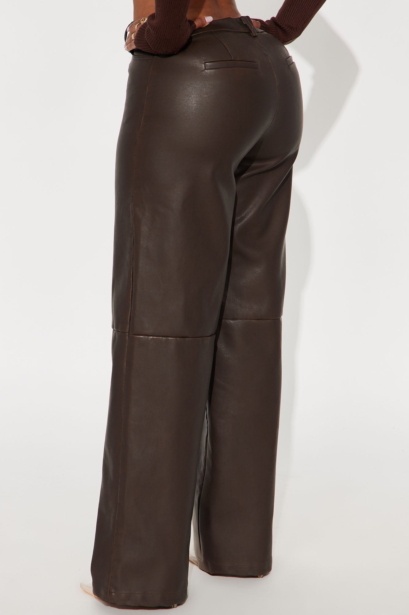 Double Down Faux Leather Wide Leg Pant 33″ - Brown