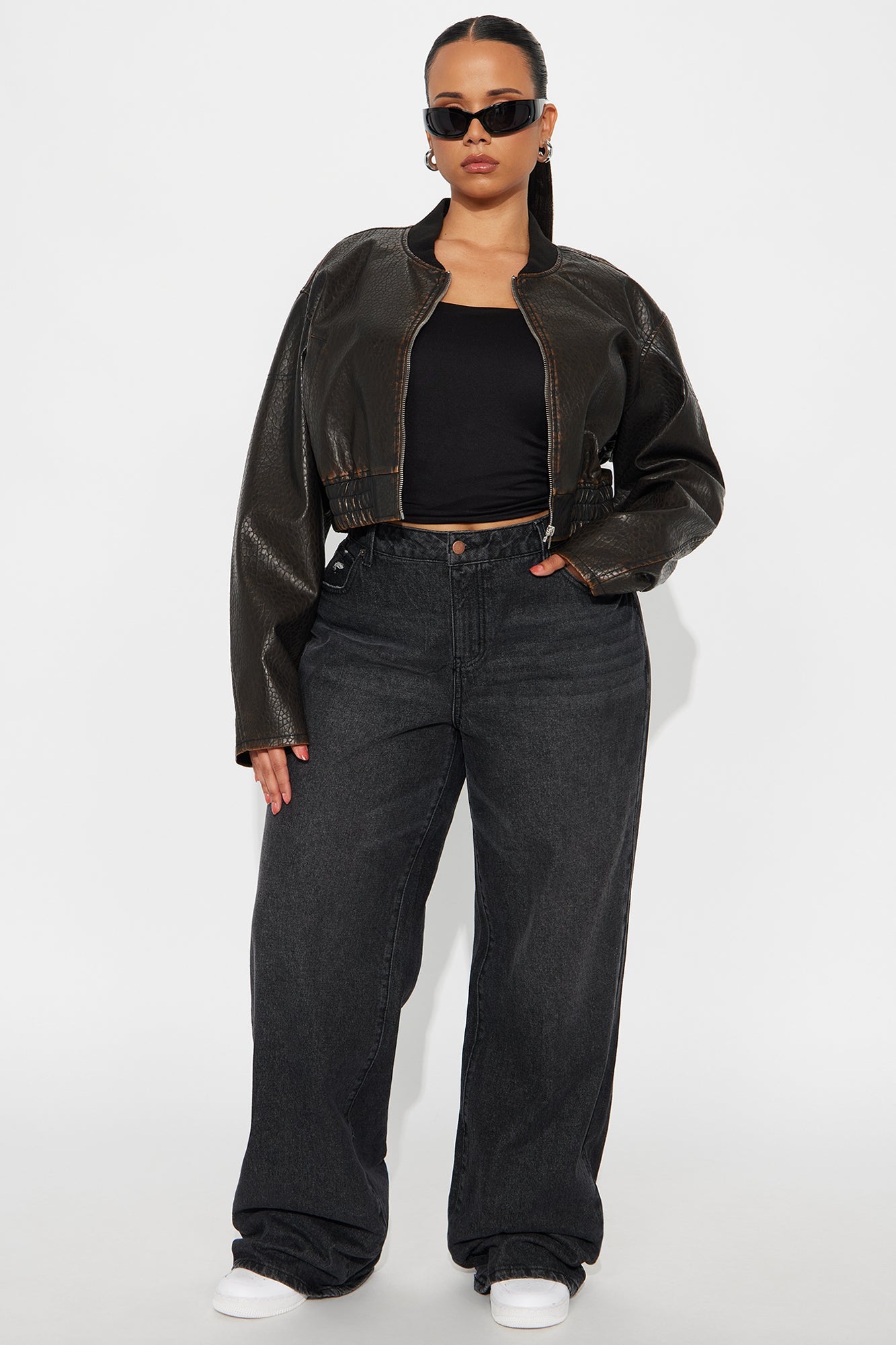 Hailey Cropped Washed Faux Leather Bomber Jacket - Brown
