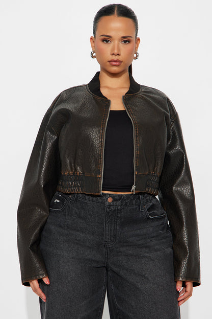 Hailey Cropped Washed Faux Leather Bomber Jacket - Brown