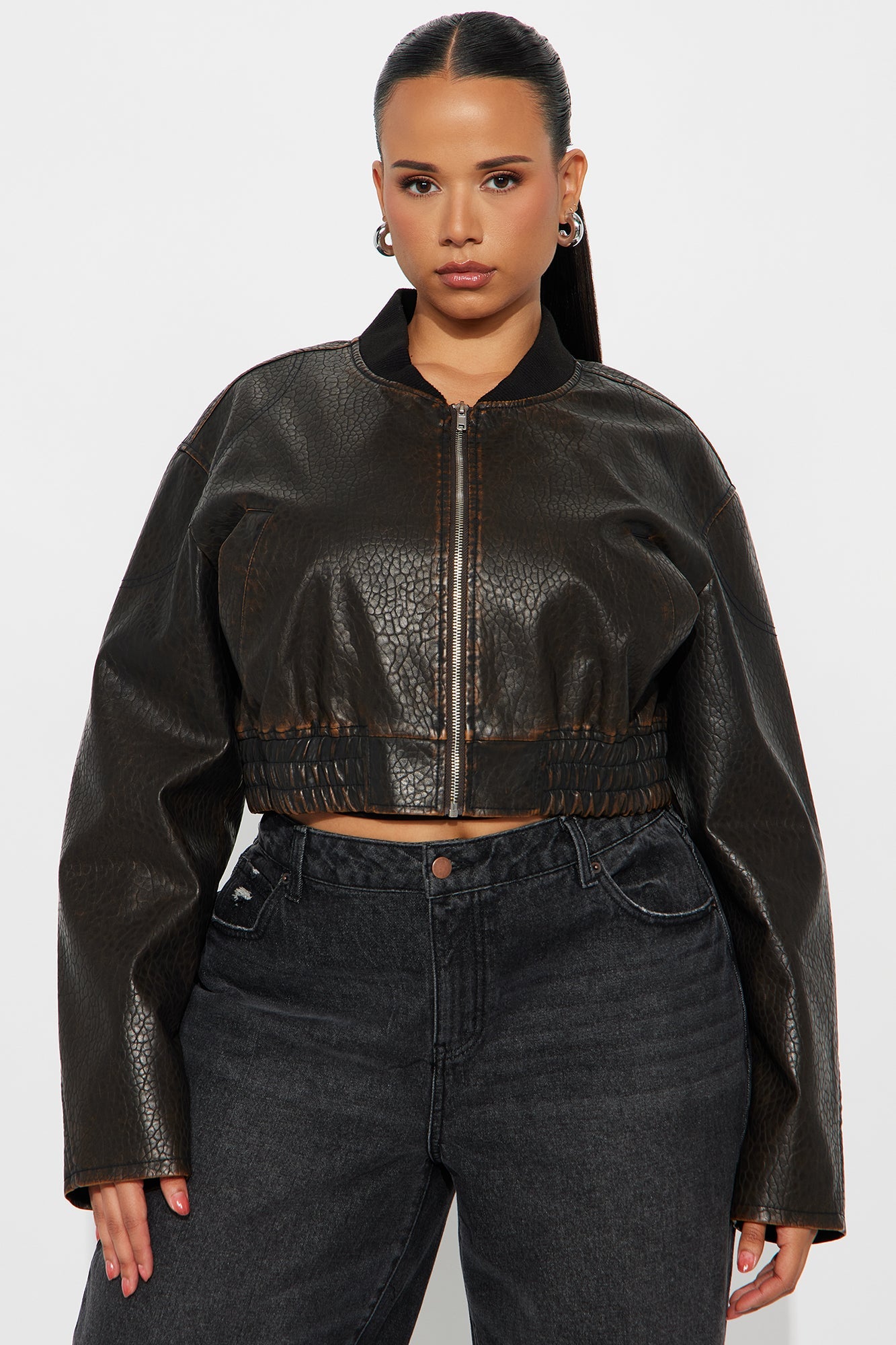 Hailey Cropped Washed Faux Leather Bomber Jacket - Brown