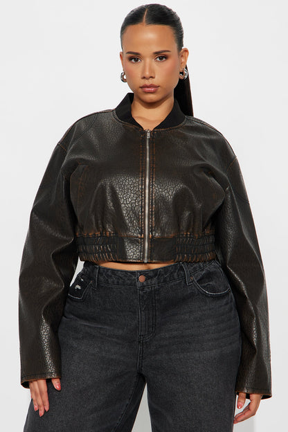 Hailey Cropped Washed Faux Leather Bomber Jacket - Brown