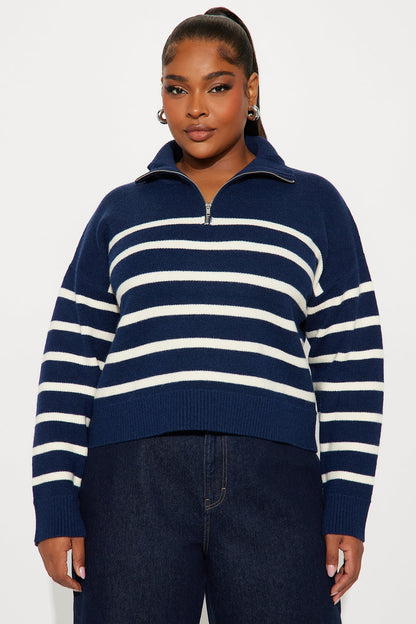 Stripes And Lines Quarter Zip Sweater - Navy/combo