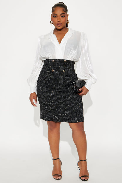 Maisie Puff Sleeve Tweed Midi Dress - Black/White