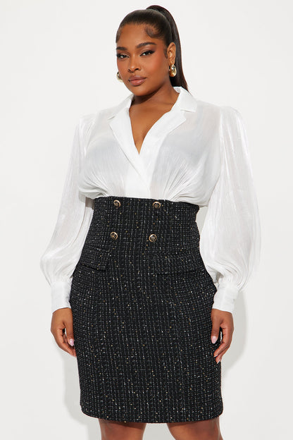 Maisie Puff Sleeve Tweed Midi Dress - Black/White