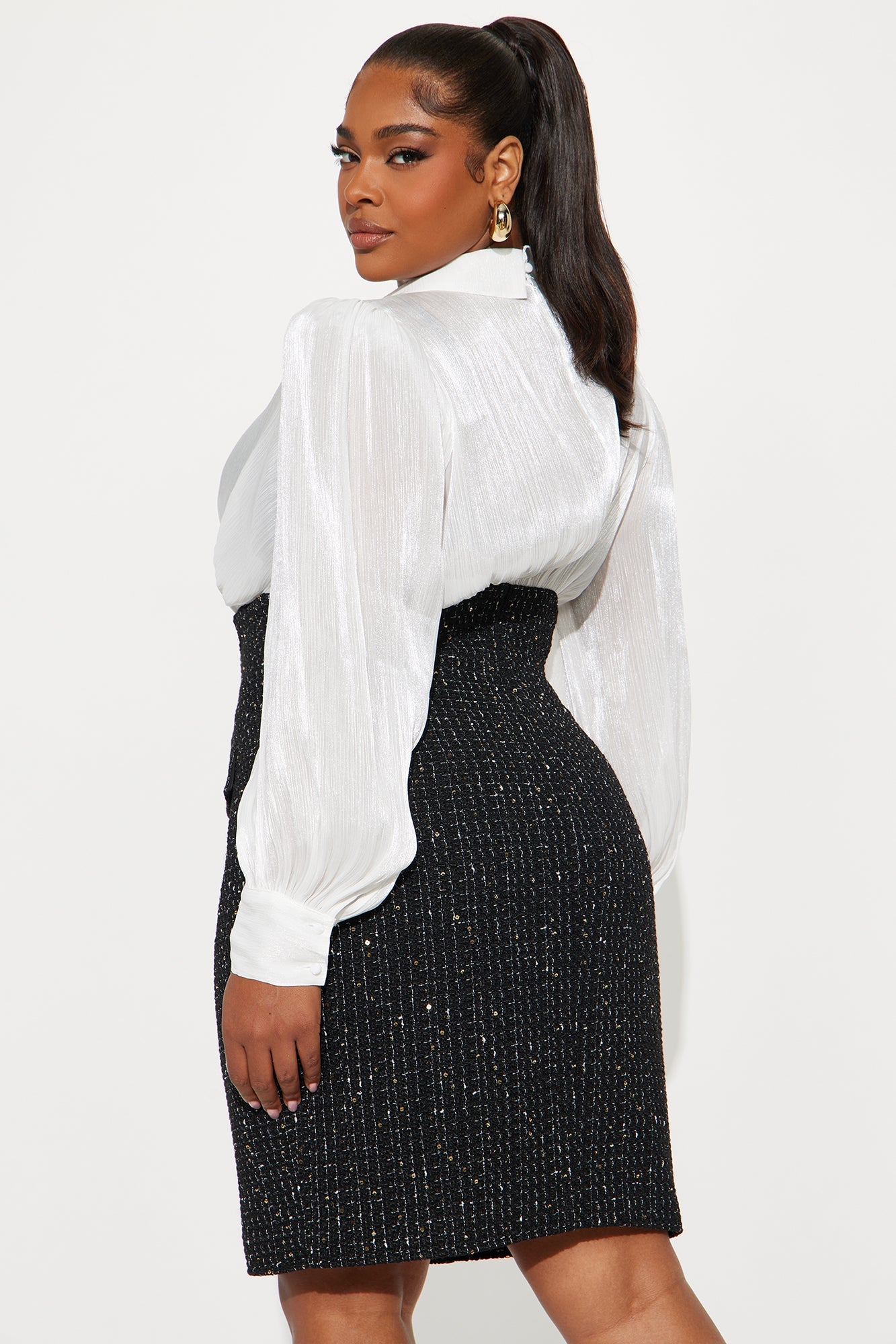 Maisie Puff Sleeve Tweed Midi Dress - Black/White