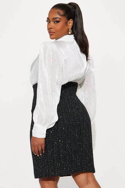 Maisie Puff Sleeve Tweed Midi Dress - Black/White