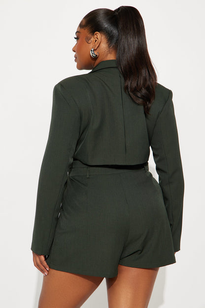 Shantal Bold Shoulder Blazer Romper - Dark Olive