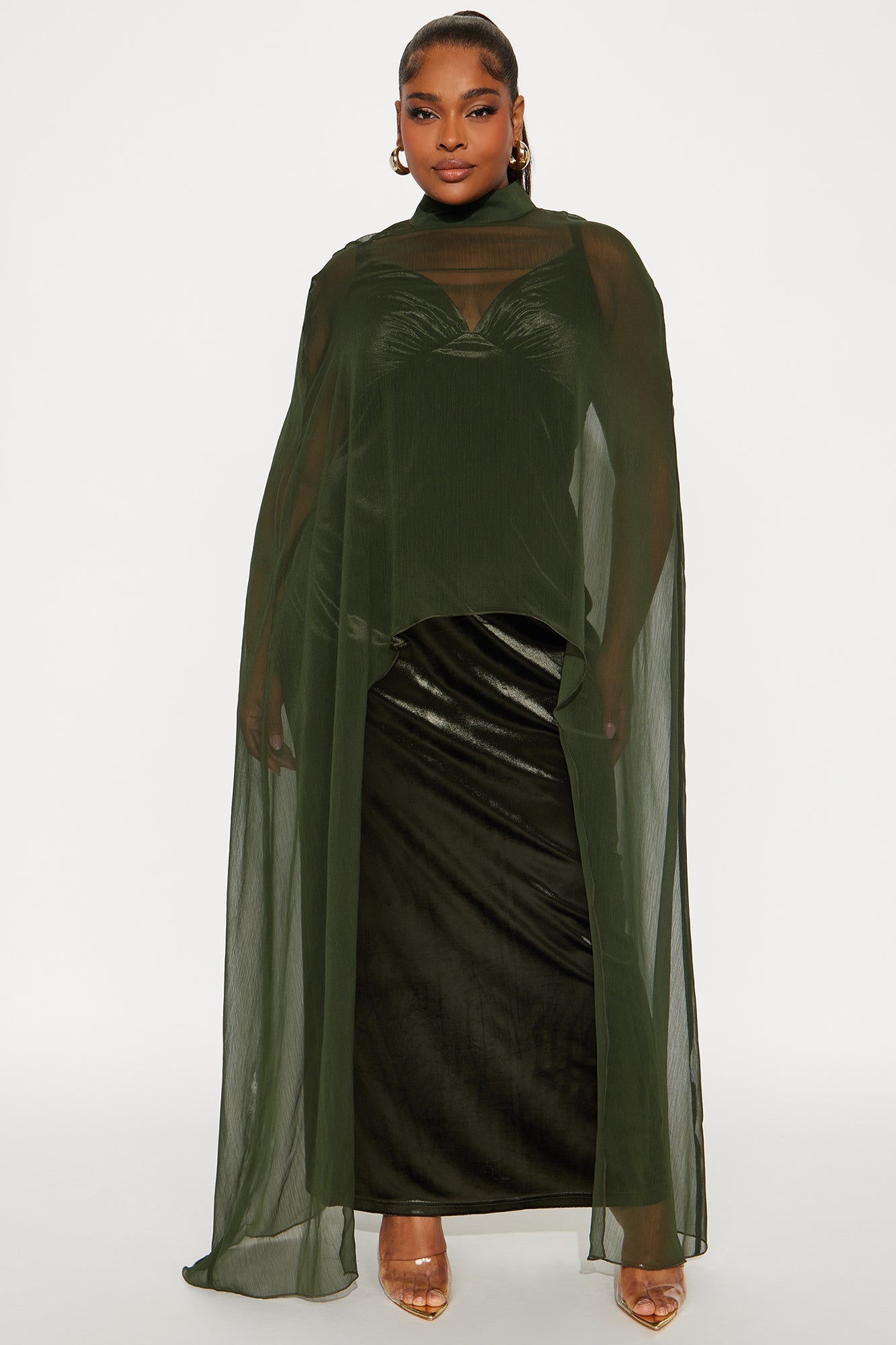 Velvet Pulse Caped Maxi Dress - Olive