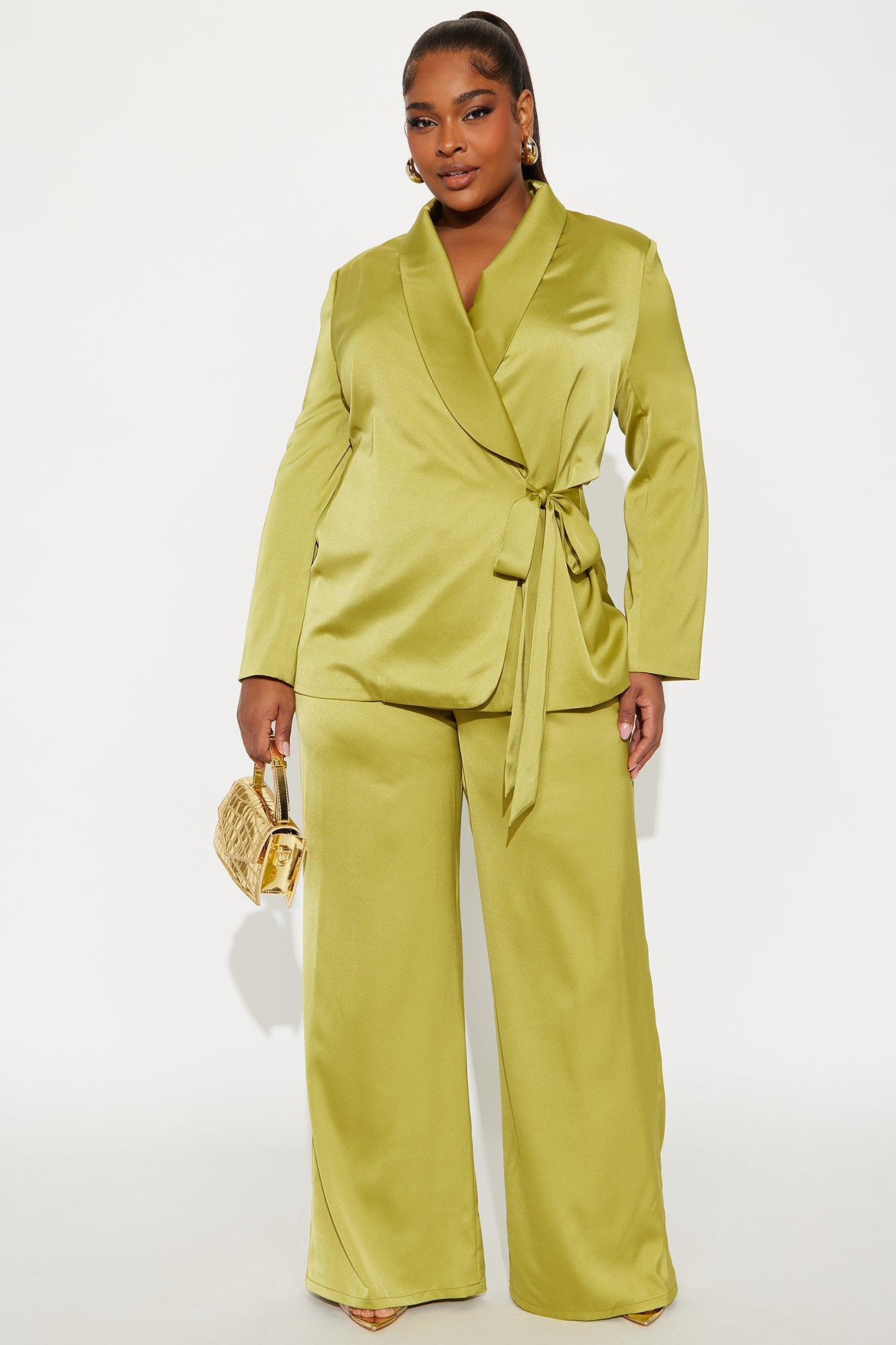 Boa Satin Blazer Pant Set - Chartreuse