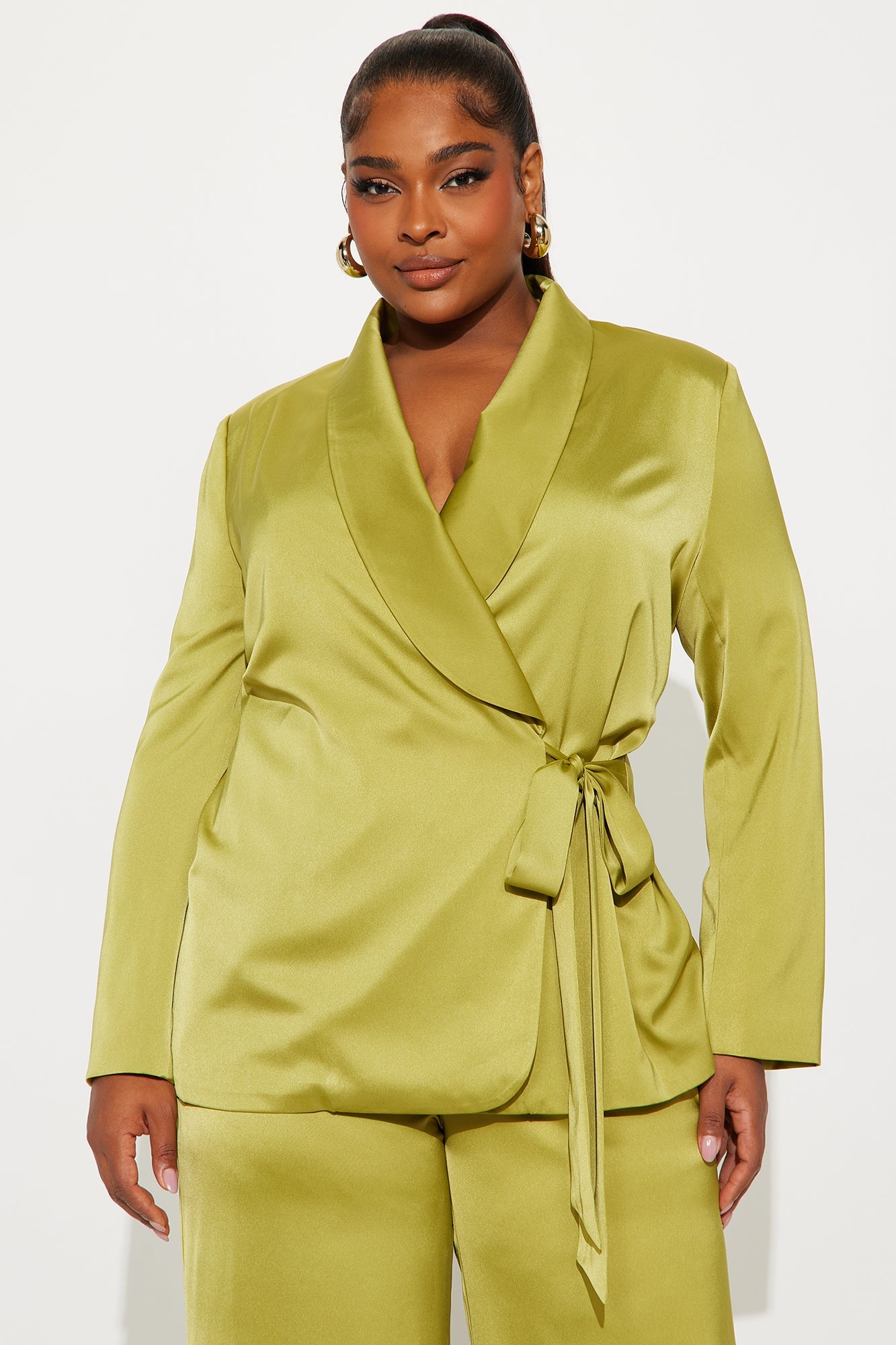 Boa Satin Blazer Pant Set - Chartreuse