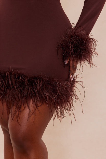 Cora Feathered Turtle Neck Mini Dress - Chocolate