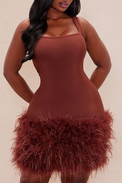 Remember Me Fur Trim Bandage Mini Dress - Brown