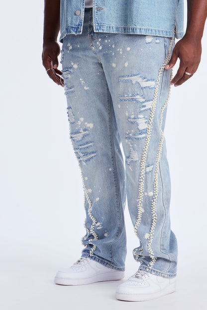 Straight Pearls And Destroyed Bleached Jean - Light Wash