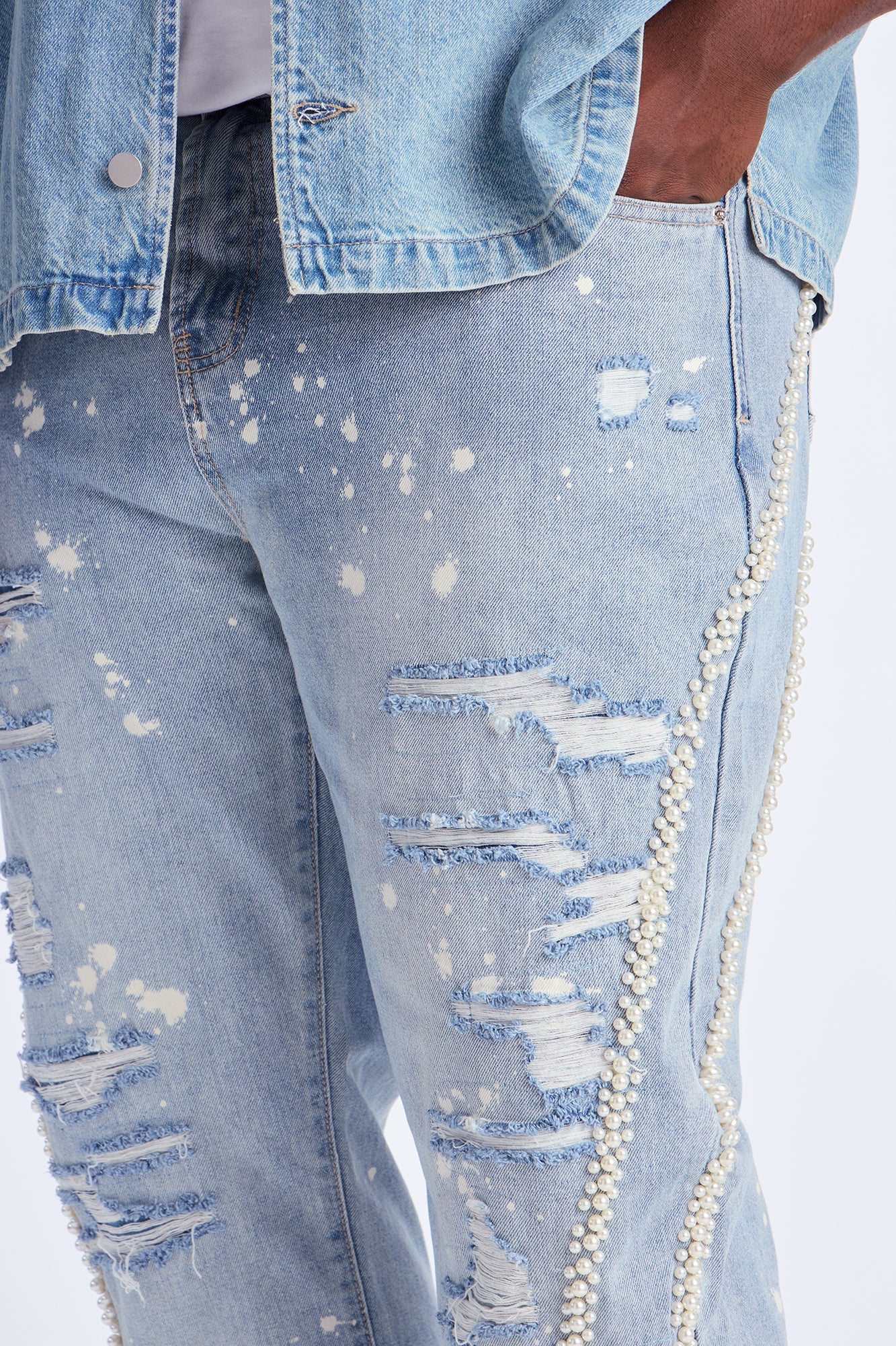 Straight Pearls And Destroyed Bleached Jean - Light Wash