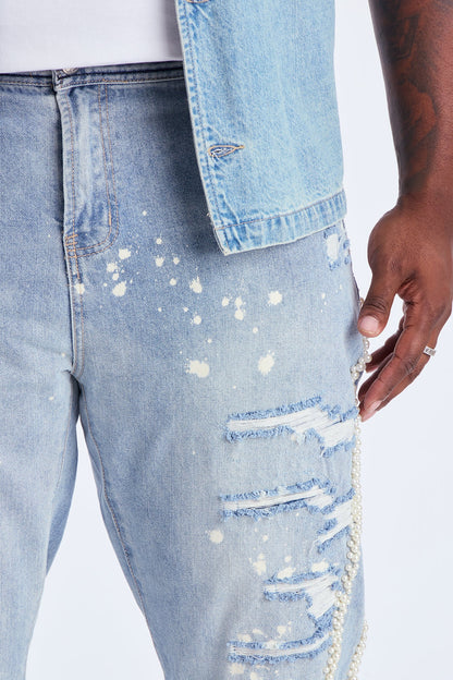 Straight Pearls And Destroyed Bleached Jean - Light Wash