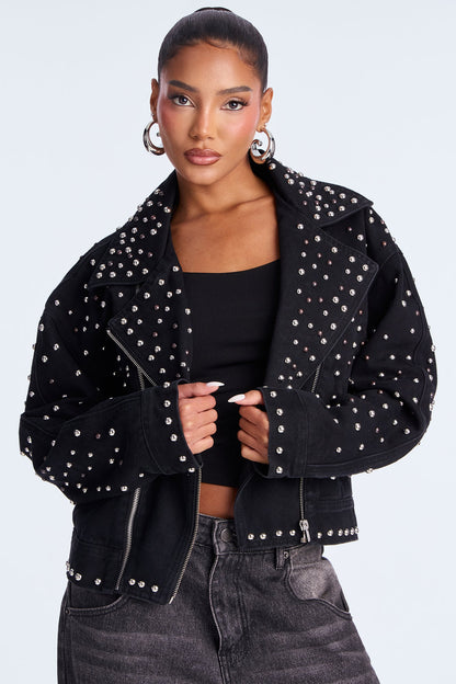 Backstage Studded Denim Moto Jacket - Black