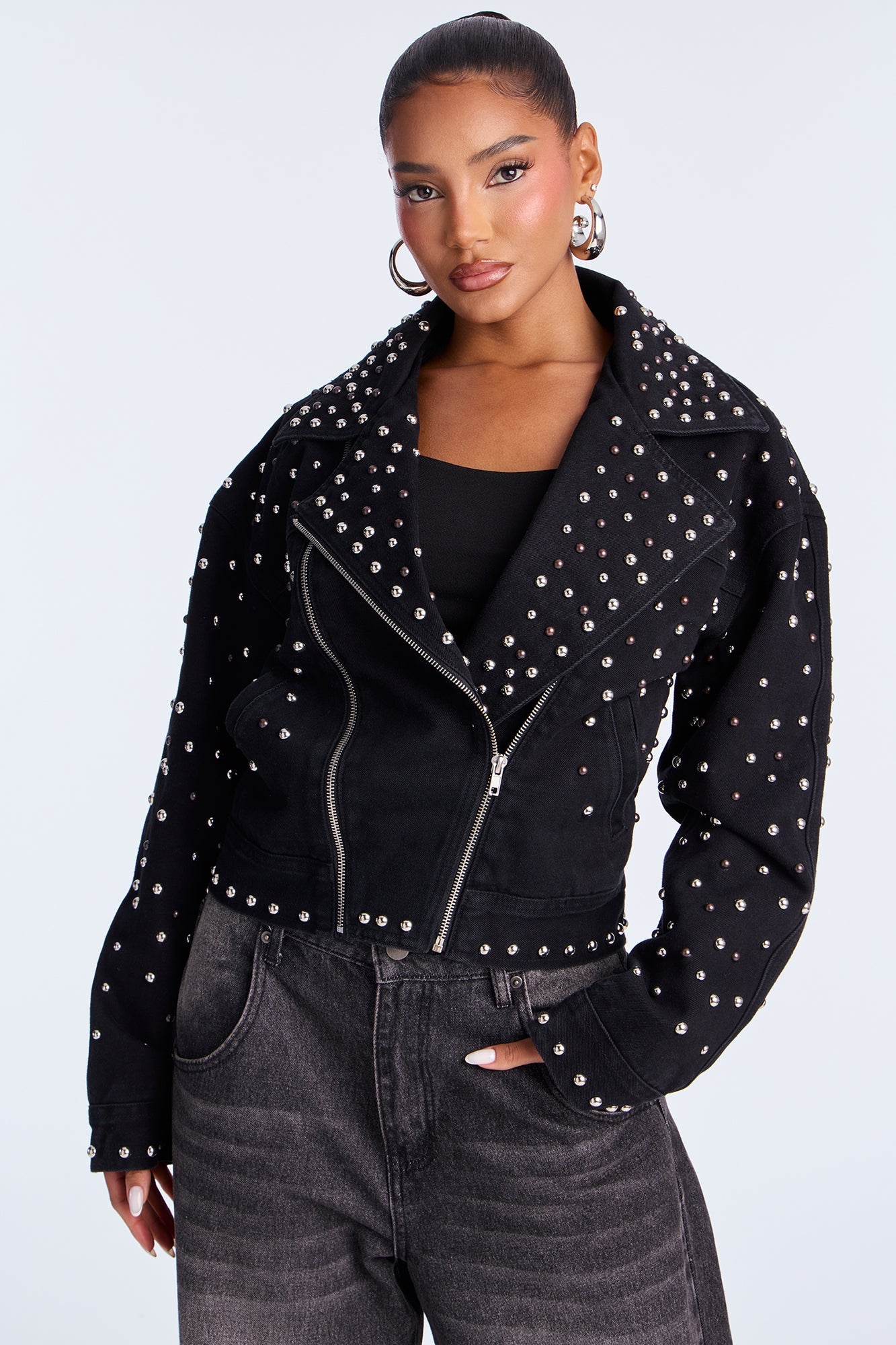 Backstage Studded Denim Moto Jacket - Black