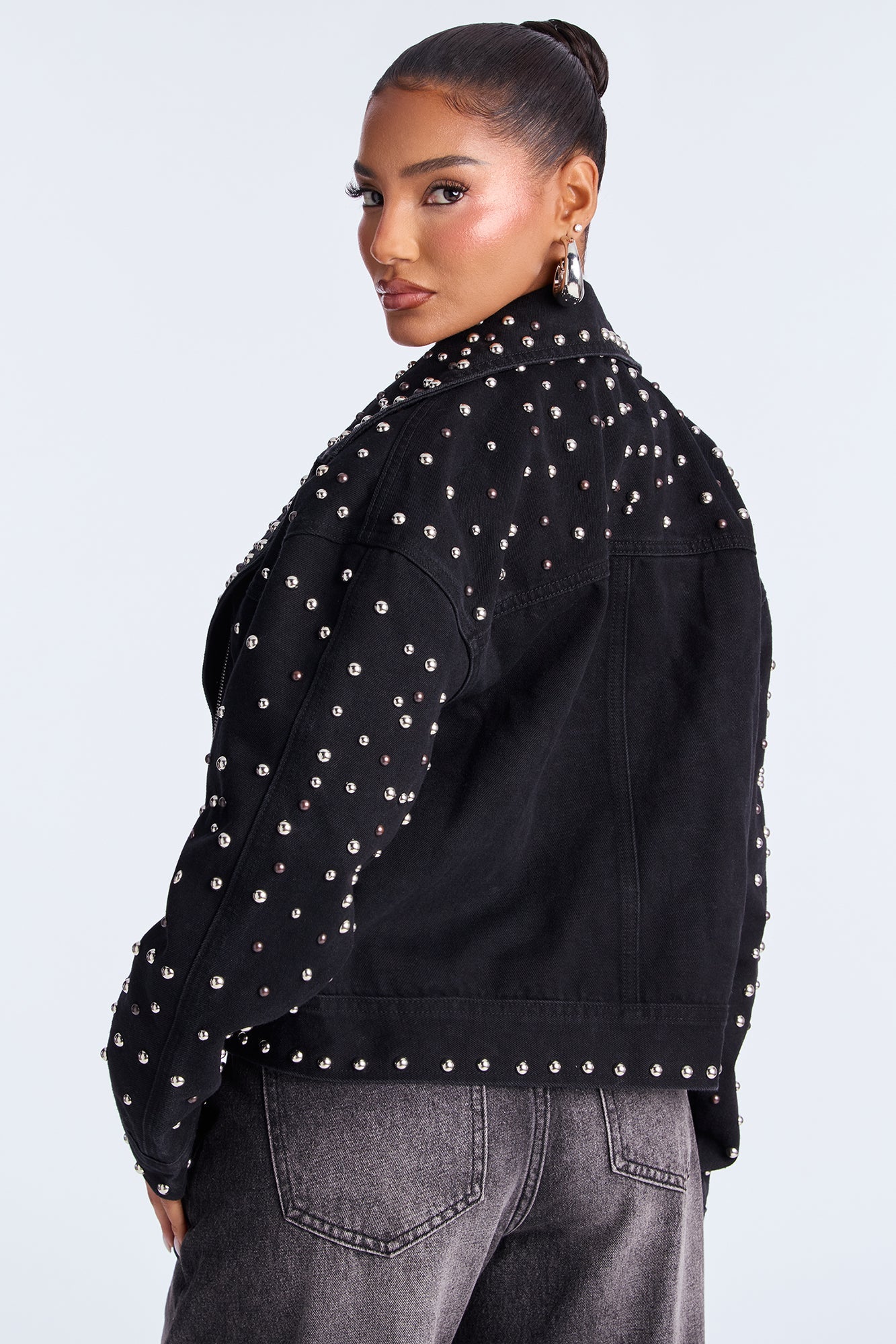 Backstage Studded Denim Moto Jacket - Black