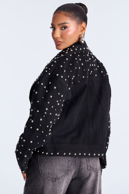 Backstage Studded Denim Moto Jacket - Black