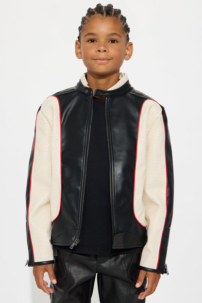 Mini Relaxed Faux Leather Paneled Moto Jacket - Black/combo
