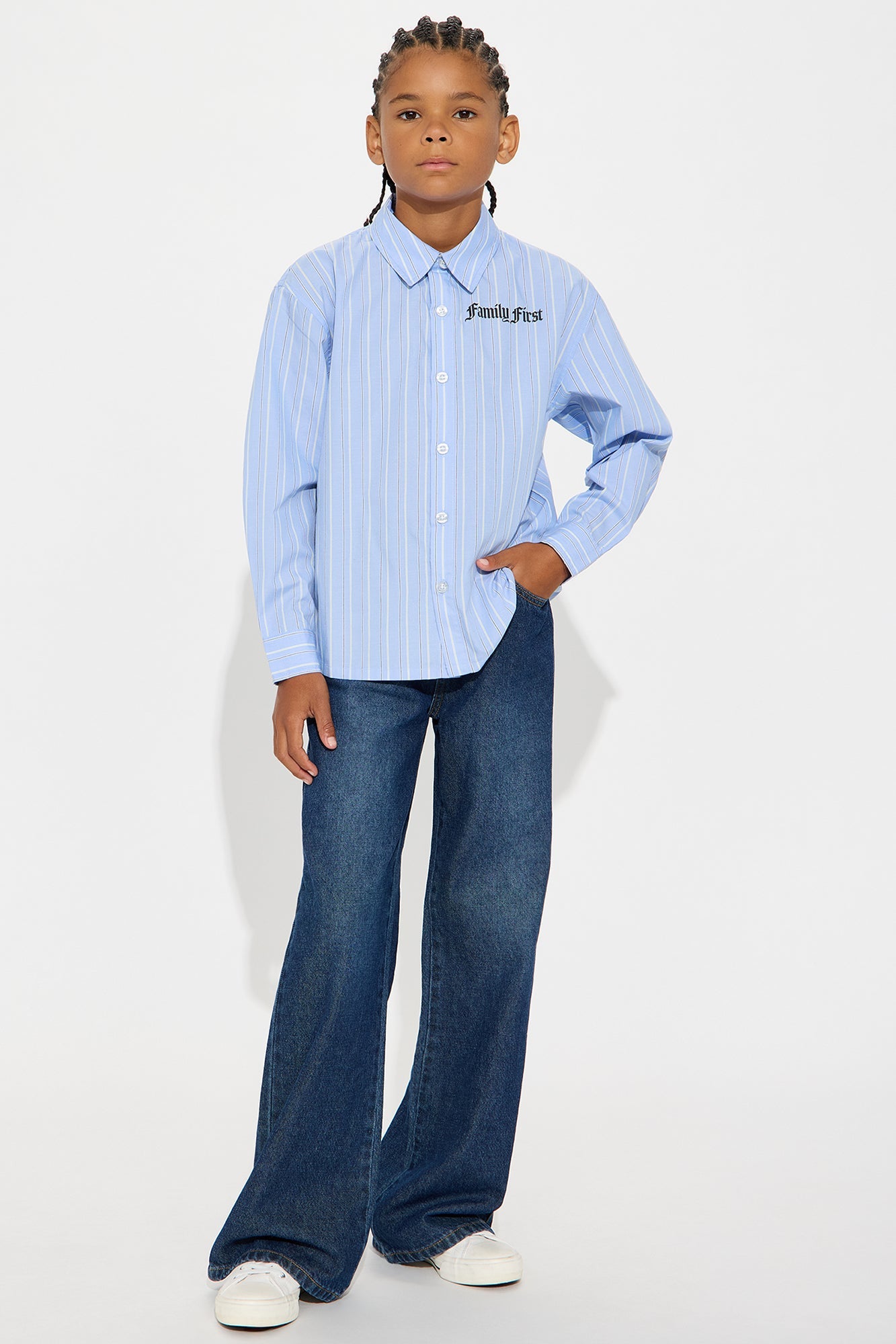 Mini Oversized Graphic Printed L/S Button Up Shirt - Blue/combo