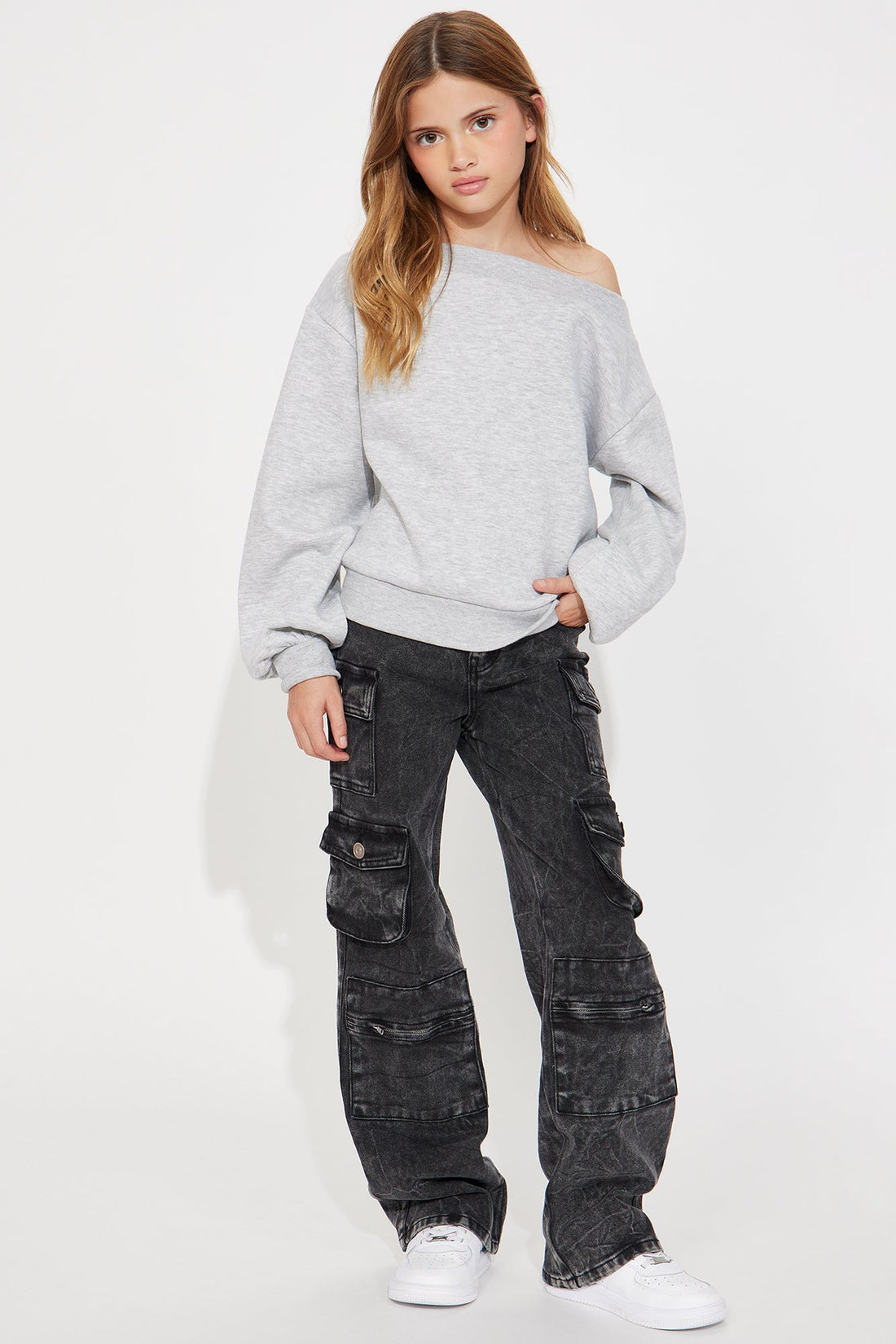 Mini Vera Off Shoulder Oversized Sweatshirt - Heather Grey