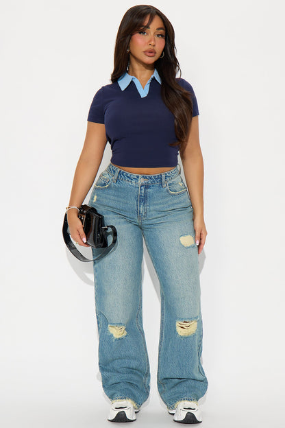 Smart Move Ripped Straight Leg Jeans - Medium Wash