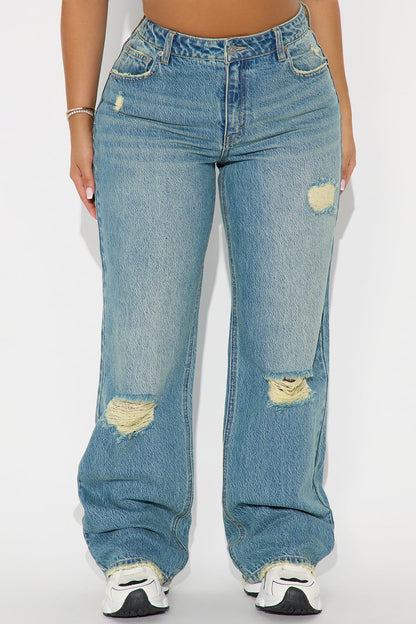 Smart Move Ripped Straight Leg Jeans - Medium Wash