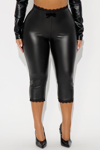 Valentina Faux Leather Lace Trim Capri Legging - Black