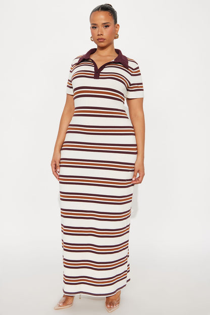 Demi Short Sleeve Striped Maxi Dress - Brown/combo