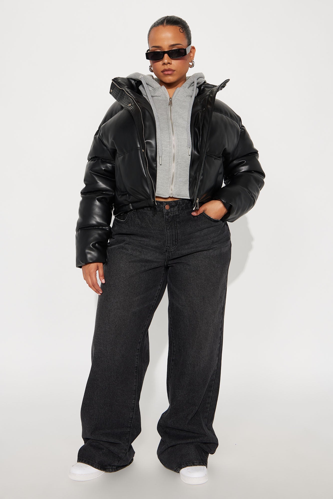Blake Layered Faux Leather Puffer Jacket - Black/combo