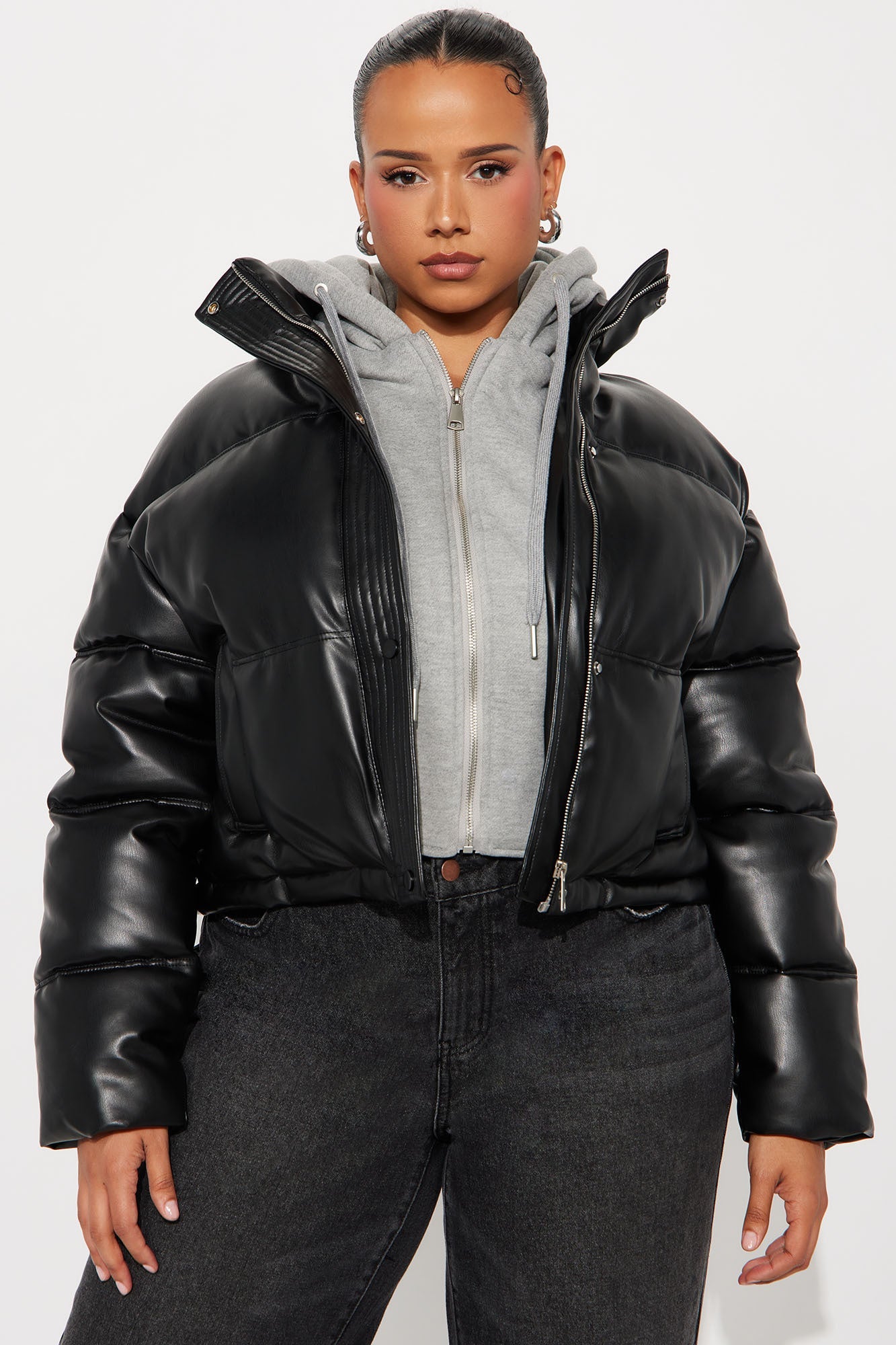 Blake Layered Faux Leather Puffer Jacket - Black/combo