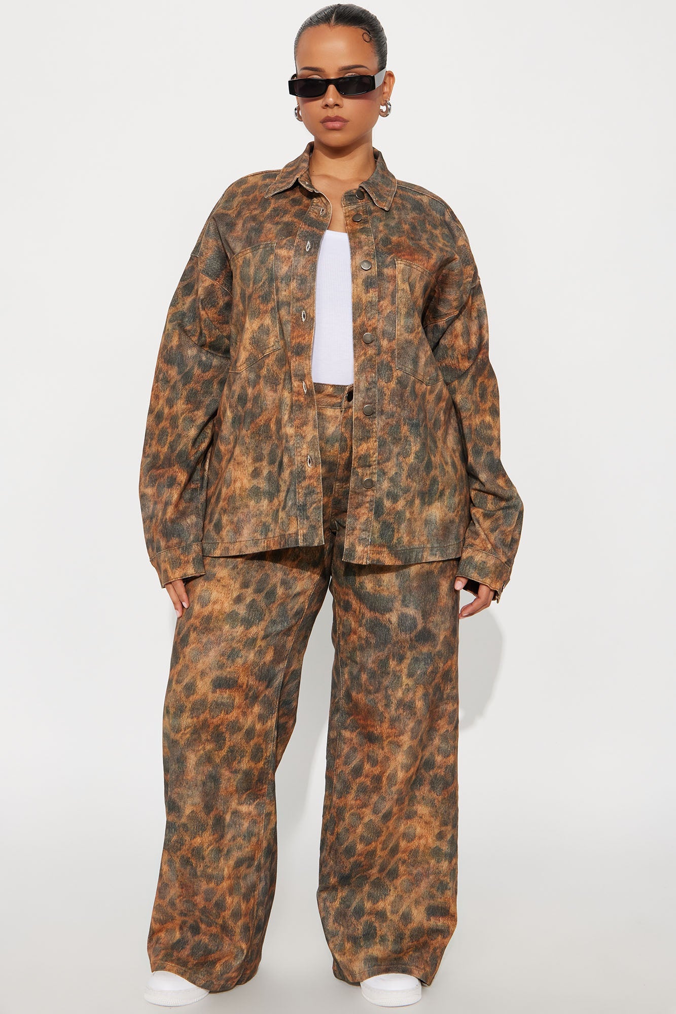 Hot Spots Leopard Shacket Pant Set - Brown/combo