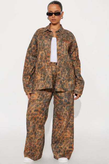 Hot Spots Leopard Shacket Pant Set - Brown/combo