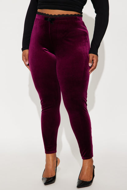 Valentina Solid Lace Trim Velvet Legging - Burgundy