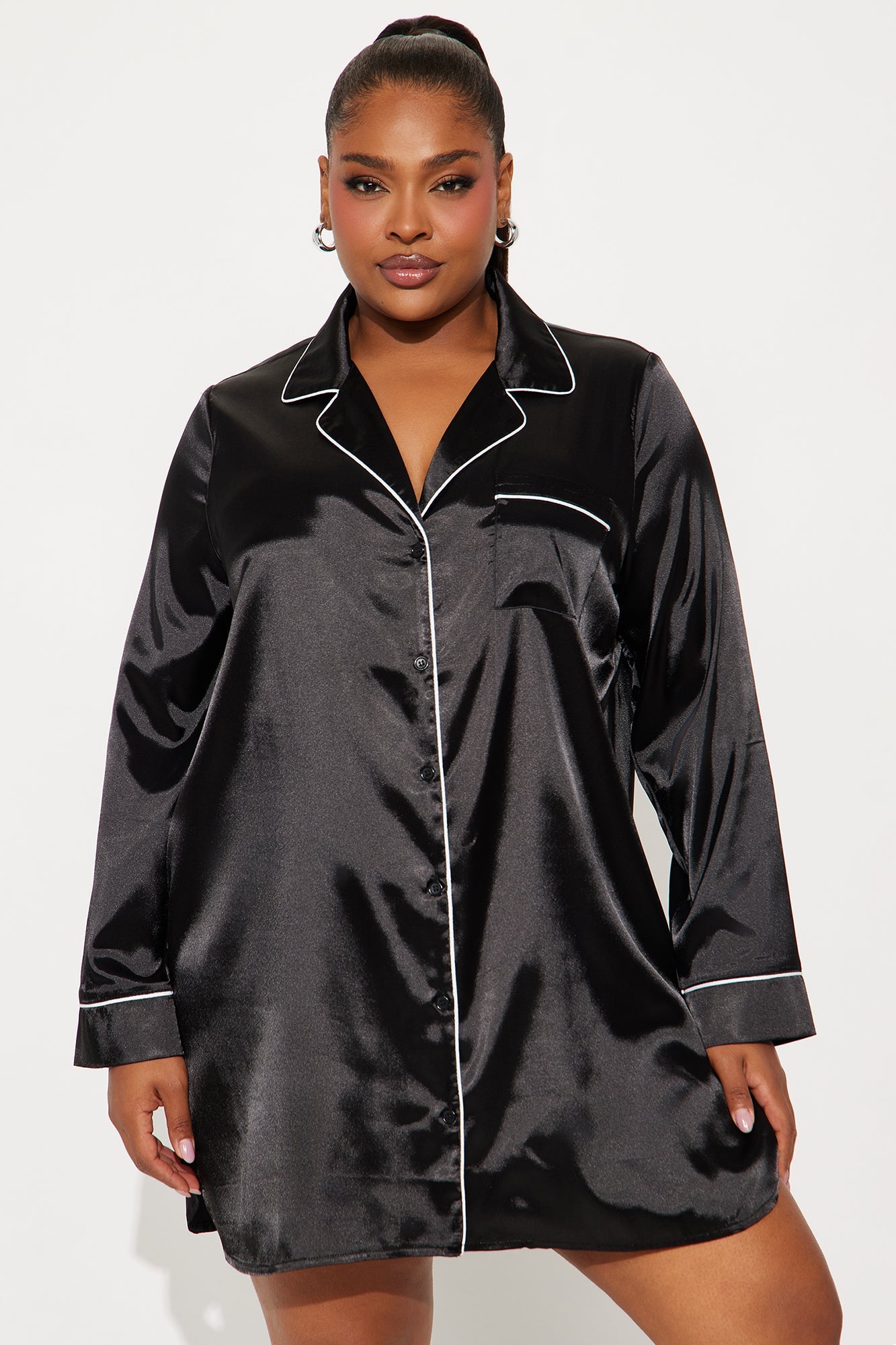 Bedtime Stretch Satin Long Sleeve PJ Sleep Shirt - Black