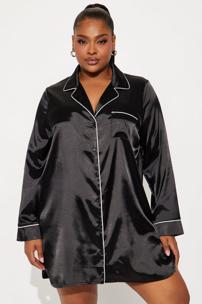 Bedtime Stretch Satin Long Sleeve PJ Sleep Shirt - Black