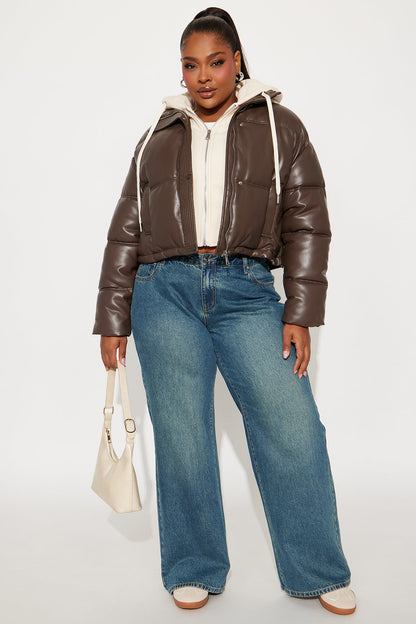 Blake Layered Faux Leather Puffer Jacket - Chocolate/Combo