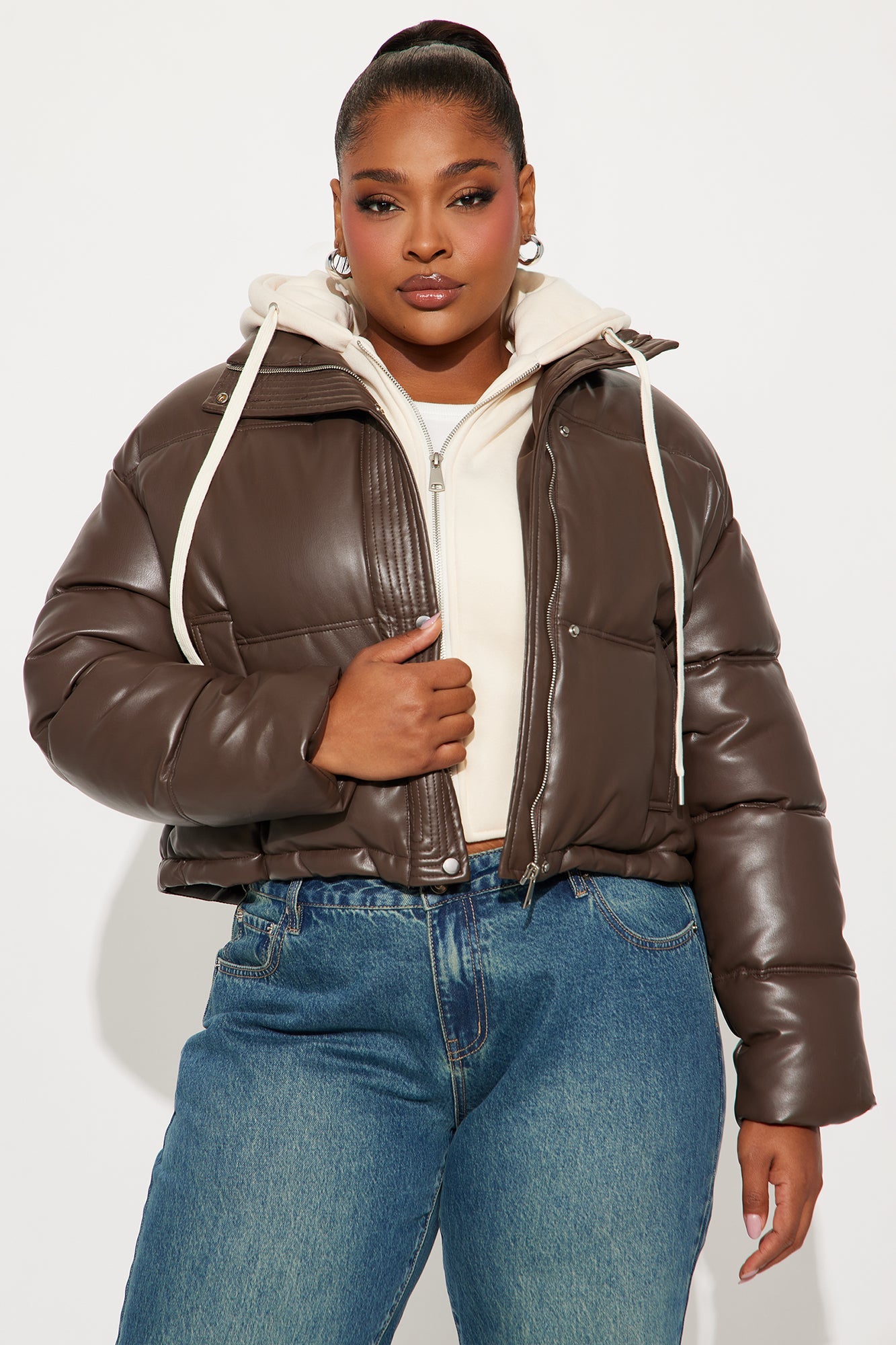 Blake Layered Faux Leather Puffer Jacket - Chocolate/Combo