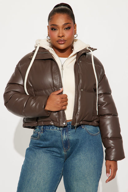 Blake Layered Faux Leather Puffer Jacket - Chocolate/Combo