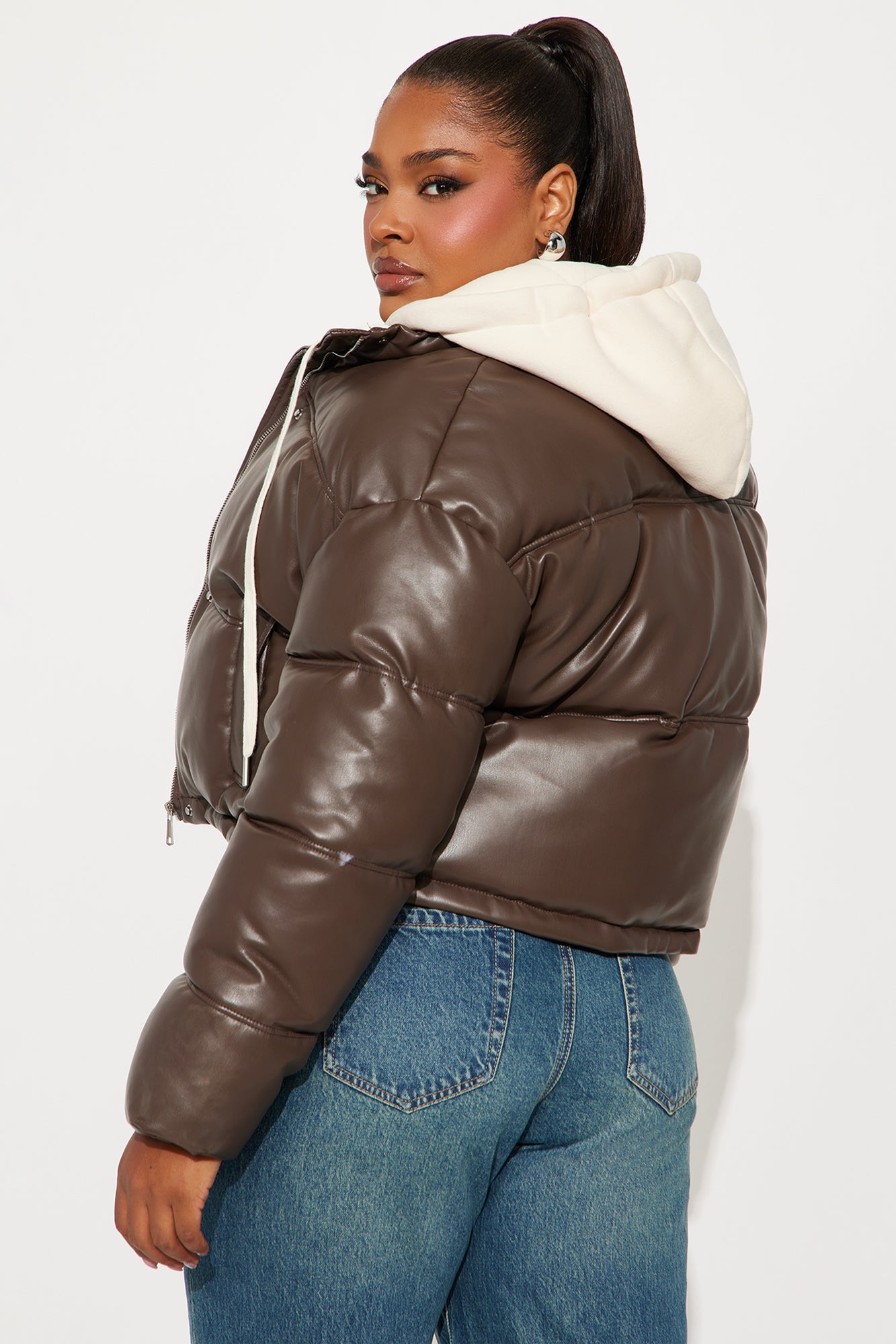 Blake Layered Faux Leather Puffer Jacket - Chocolate/Combo