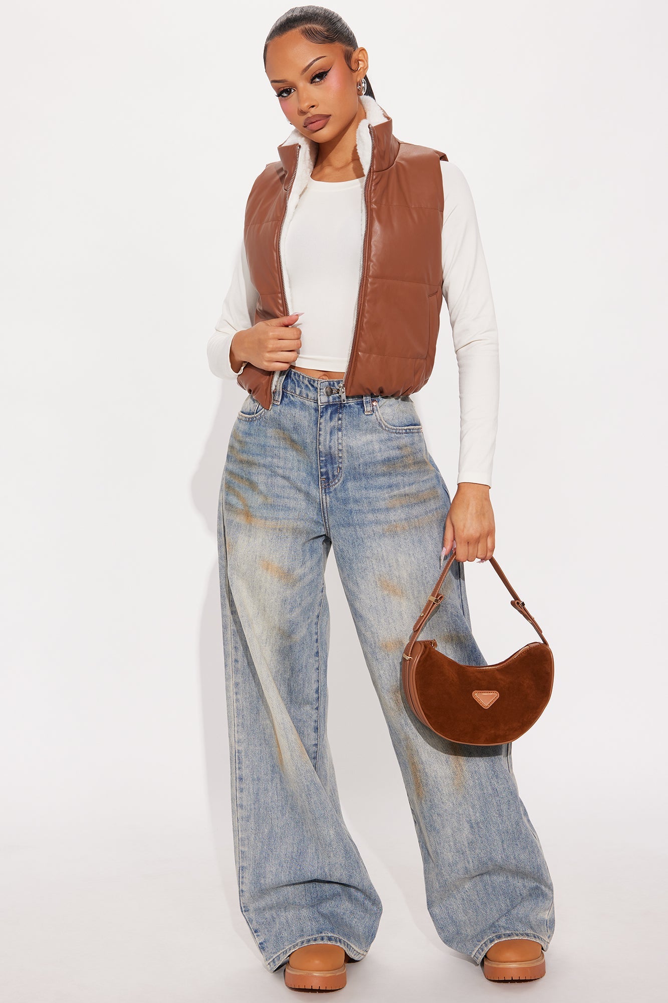 Dana Faux Leather Puffer Vest - Cognac