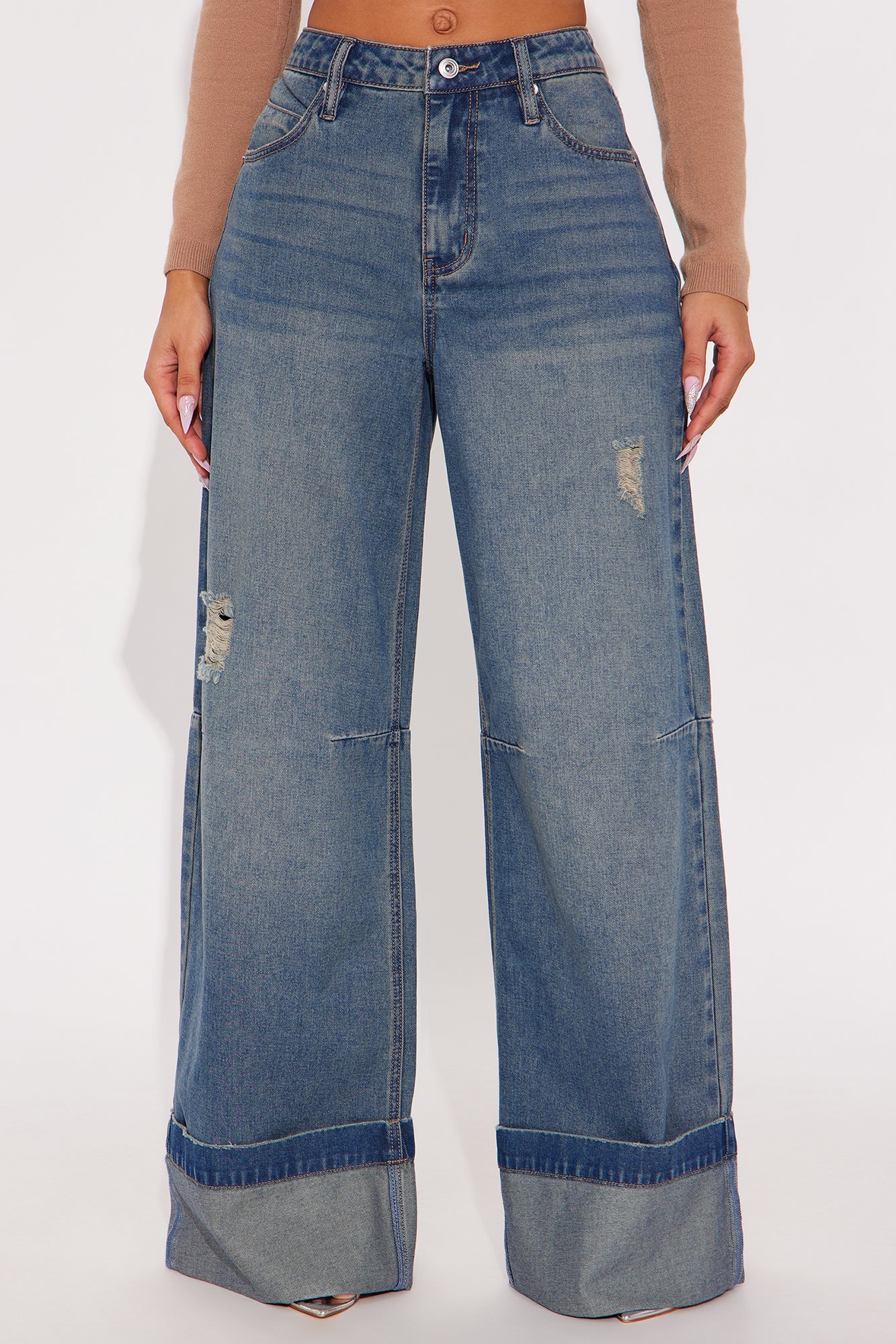 Rowan Ripped Cuffed Wide Leg Jeans - Vintage Wash