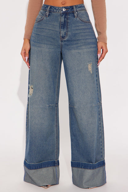 Rowan Ripped Cuffed Wide Leg Jeans - Vintage Wash
