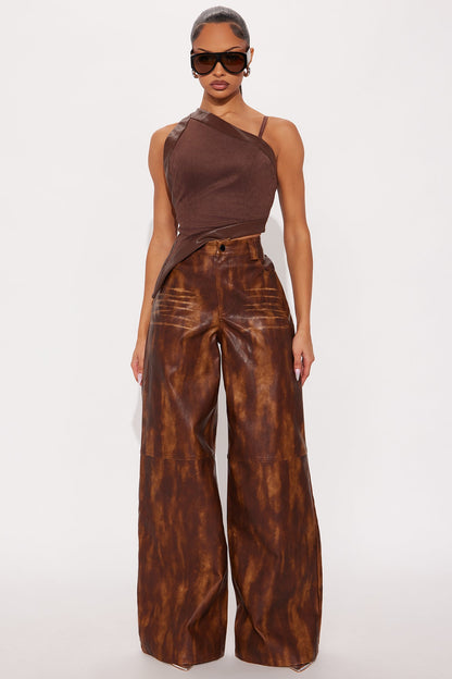 Adrienne Washed Faux Leather Wide Leg Pant 33 - Brown